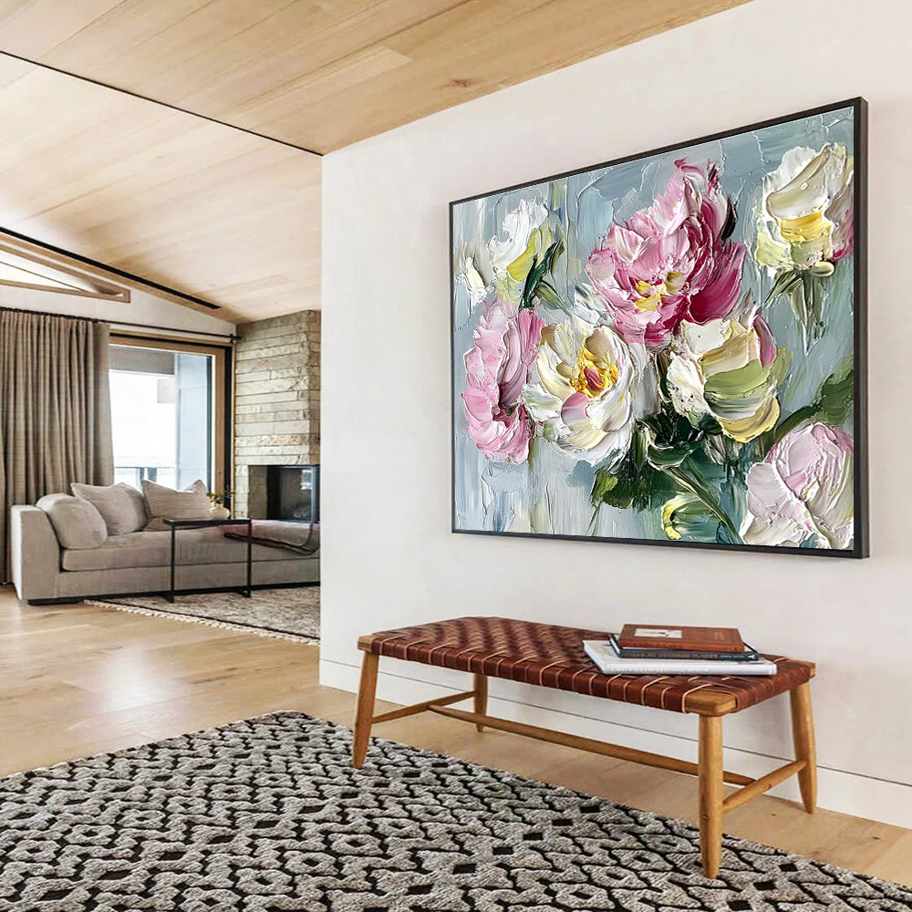 Large abstract painting featuring peonies and roses in vibrant shades on a textured grey background with impasto brushstrokes.SC125