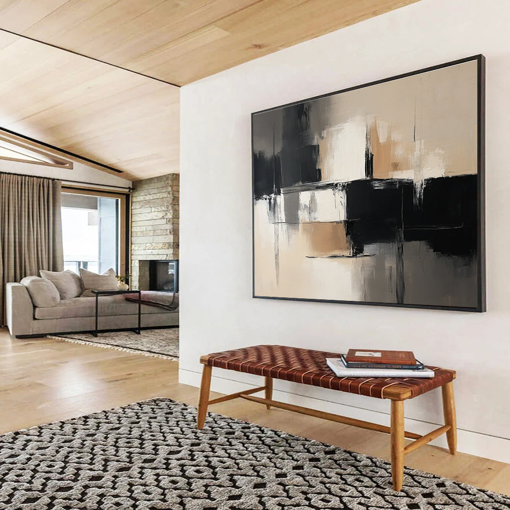 Abstract painting in black and white tones with beige accents showcasing simple lines, brushstrokes, and textured layers for harmonious light and shadow contrast.SC229