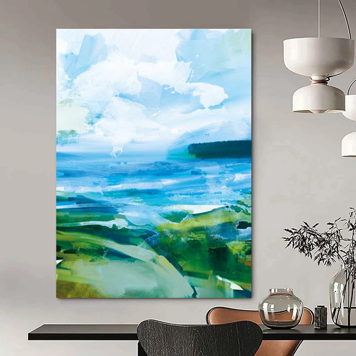 Colorful Coastal Abstract with Blue and Green Tones Painting ADGE183