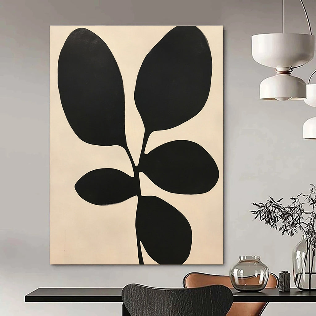 Large abstract painting featuring minimalist black and white shapes resembling leaves inspired by Henri Matisse's style.STSC1078