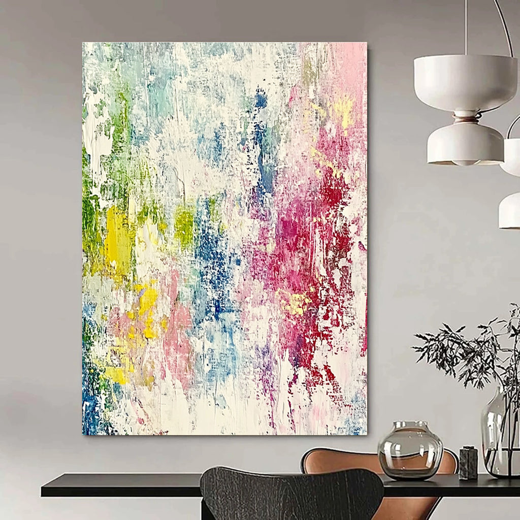 Large abstract painting with pastel colors featuring expressive brushstrokes and fine lines, creating a dynamic sense of movement and depth.STSC581