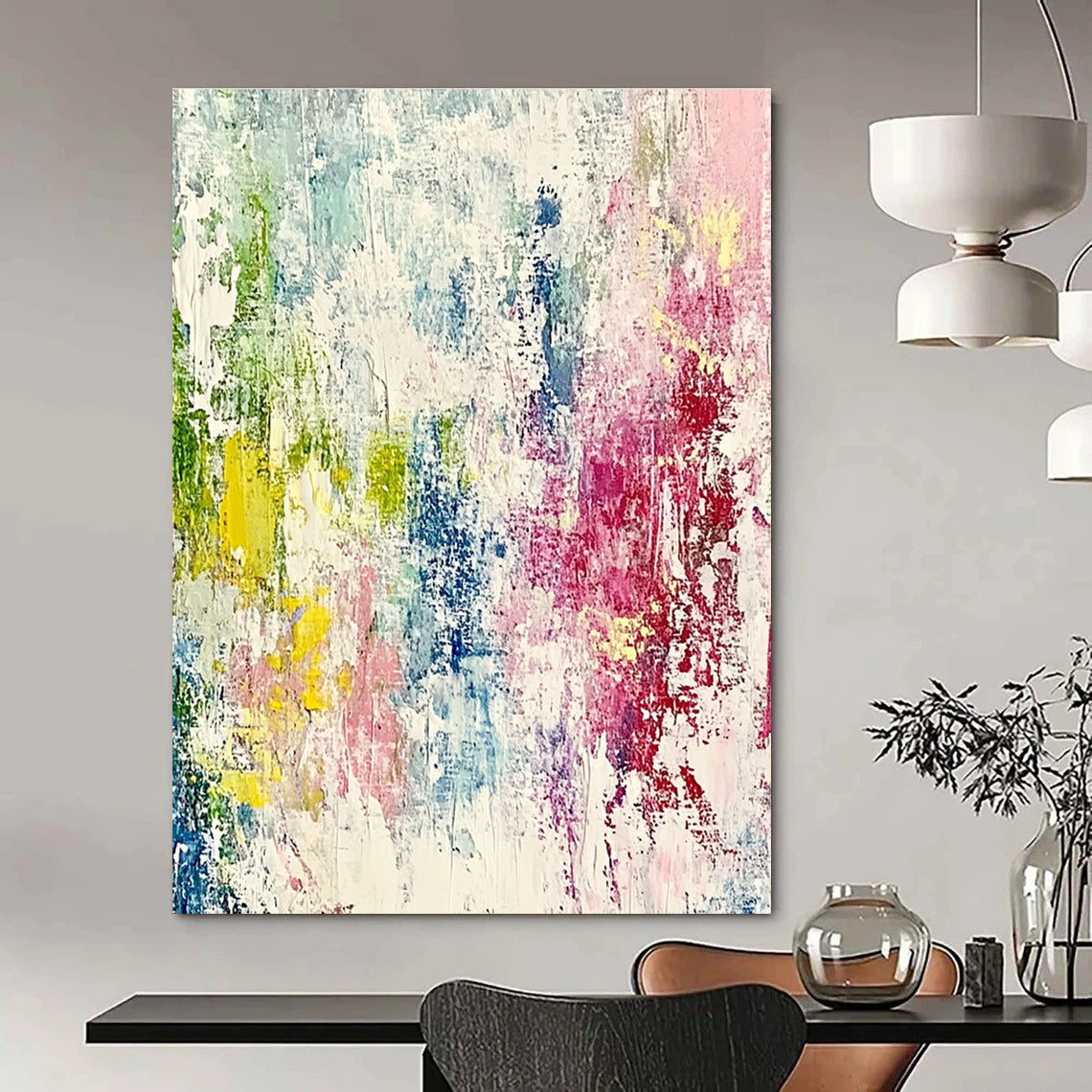 Large abstract painting with pastel colors featuring expressive brushstrokes and fine lines, creating a dynamic sense of movement and depth.STSC581