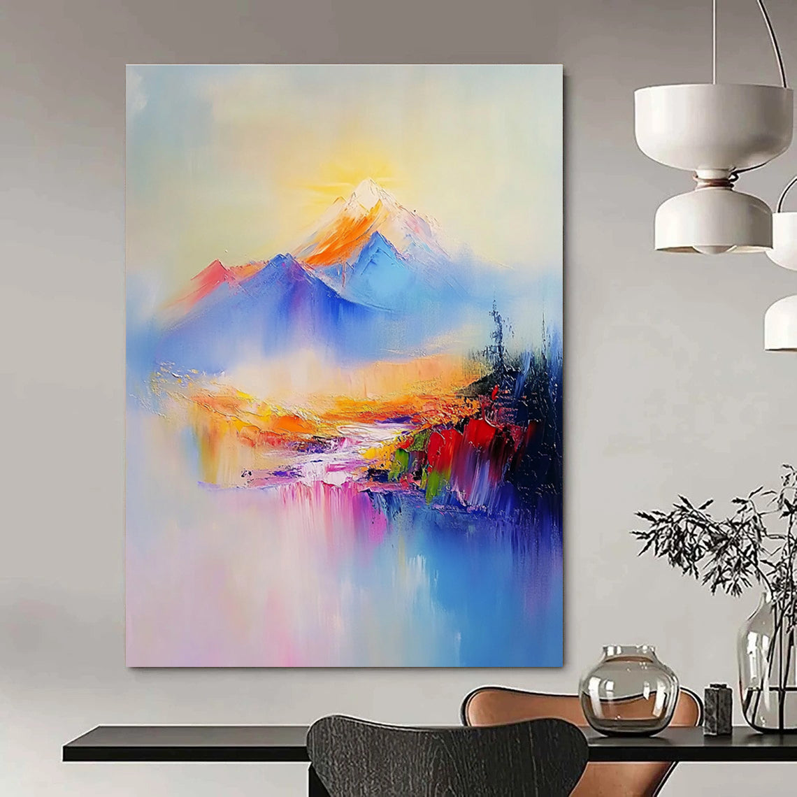 Abstract painting of Mount Redoubt featuring soft pastel colors gentle brush strokes light blue sky and a light purple river flowing through the valley.STSC323