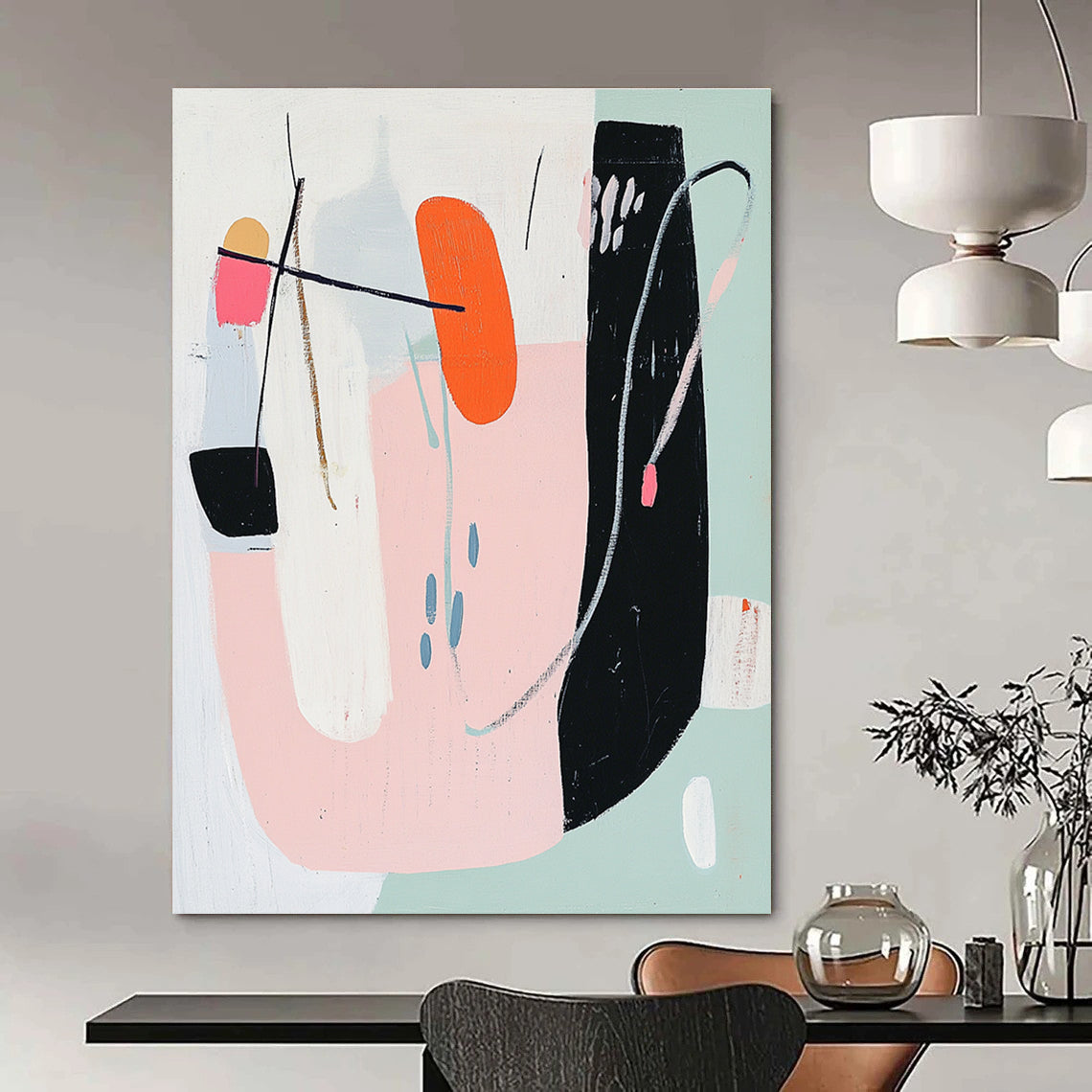 Abstract painting with bold geometric shapes in pastel pink white sage green orange and blue on a white background in mid-century modern style.STSC614