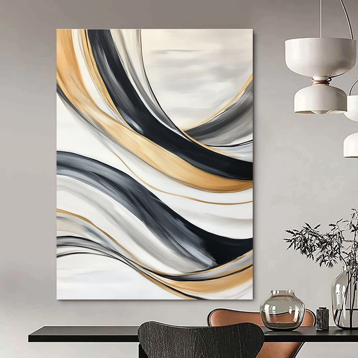 Large abstract painting with black gray and white lines featuring flowing forms swirling vortices soft edges blurred details and a gold accent.STSC739