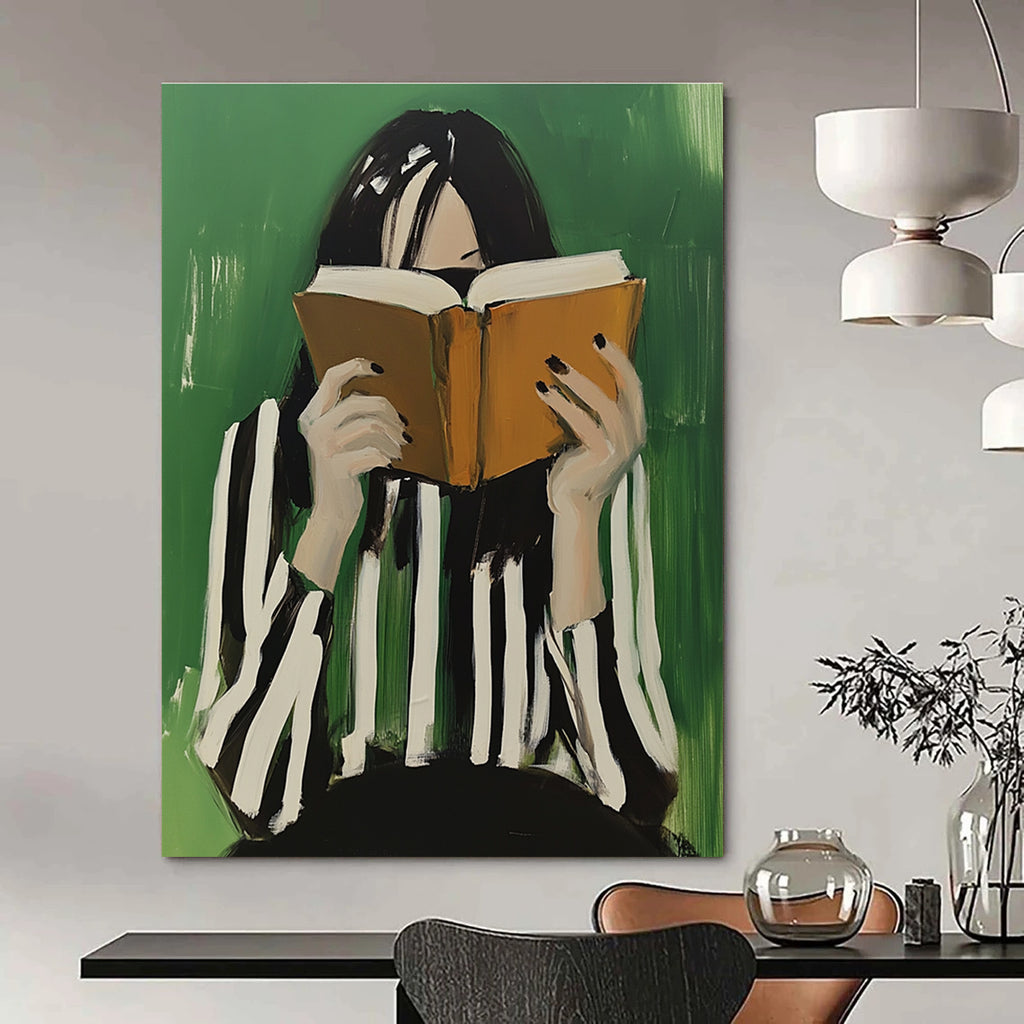 An abstract oil painting of a woman with black and white striped hair enjoying coffee while reading an open book against a green background.STSC1265