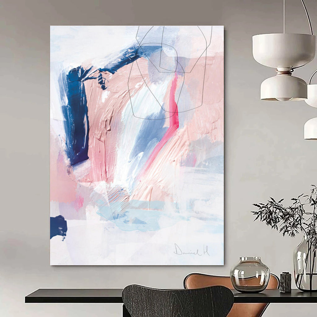 Pastel Abstract with Pink, Blue, and Black Lines Painting ADGE155