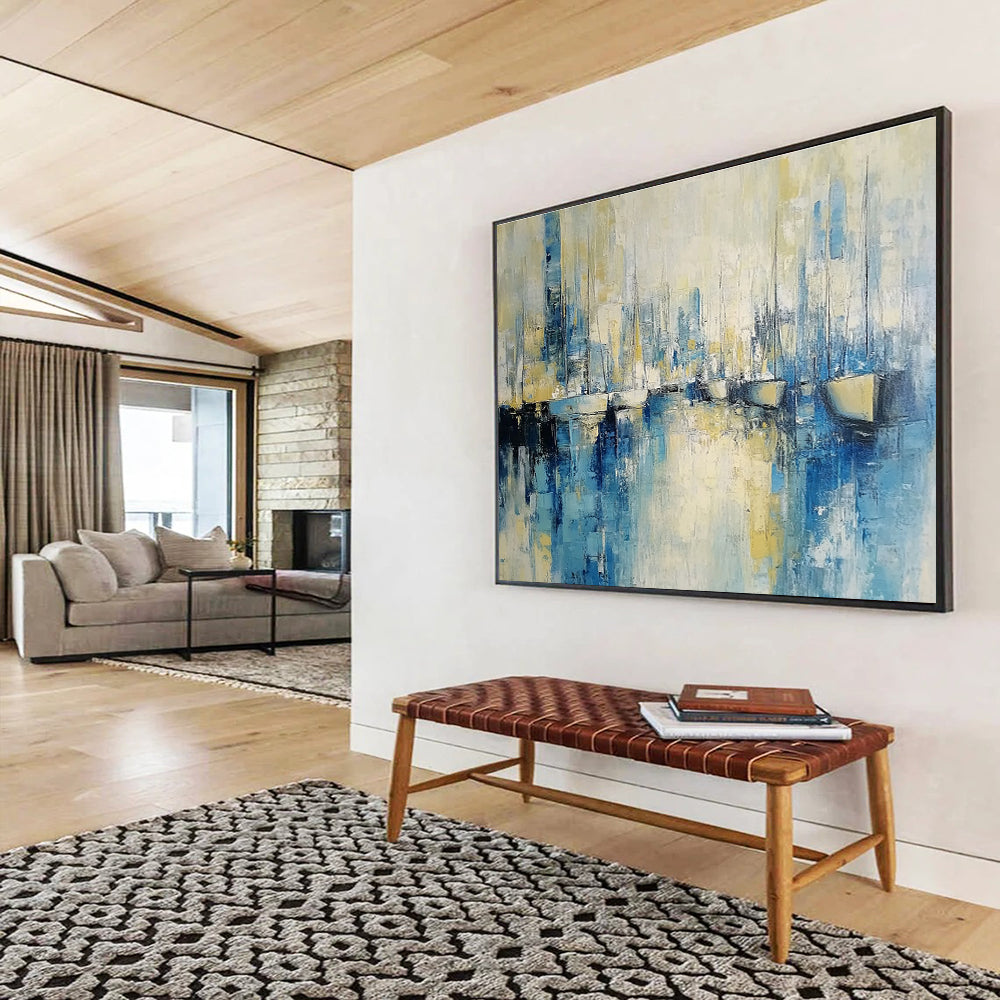 Abstract Harbor Scene Painting with Blue and Yellow Tones DYP513