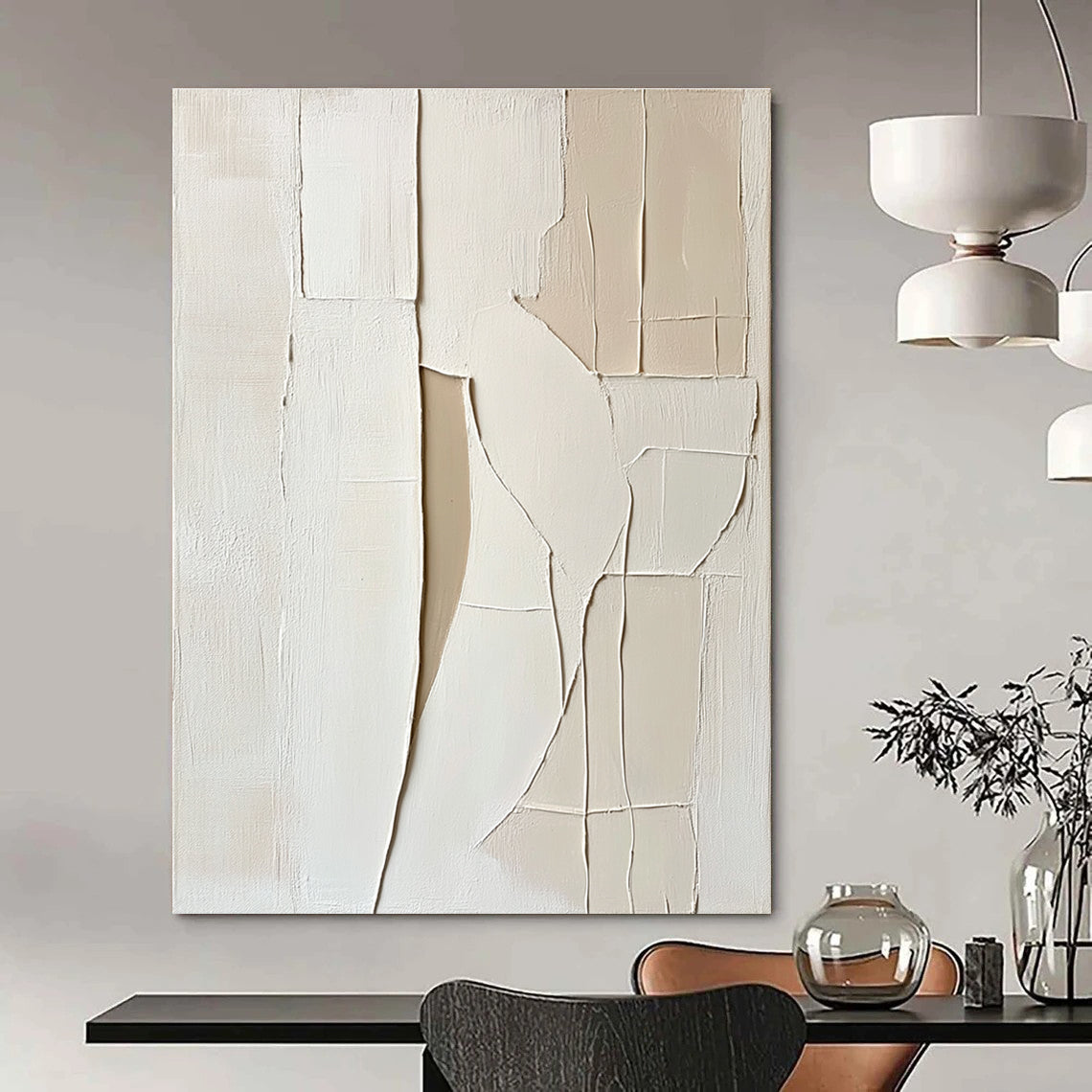 Large abstract painting featuring a woman's body with soft lines simple shapes and thick impasto texture in white and beige tones.STSC1467