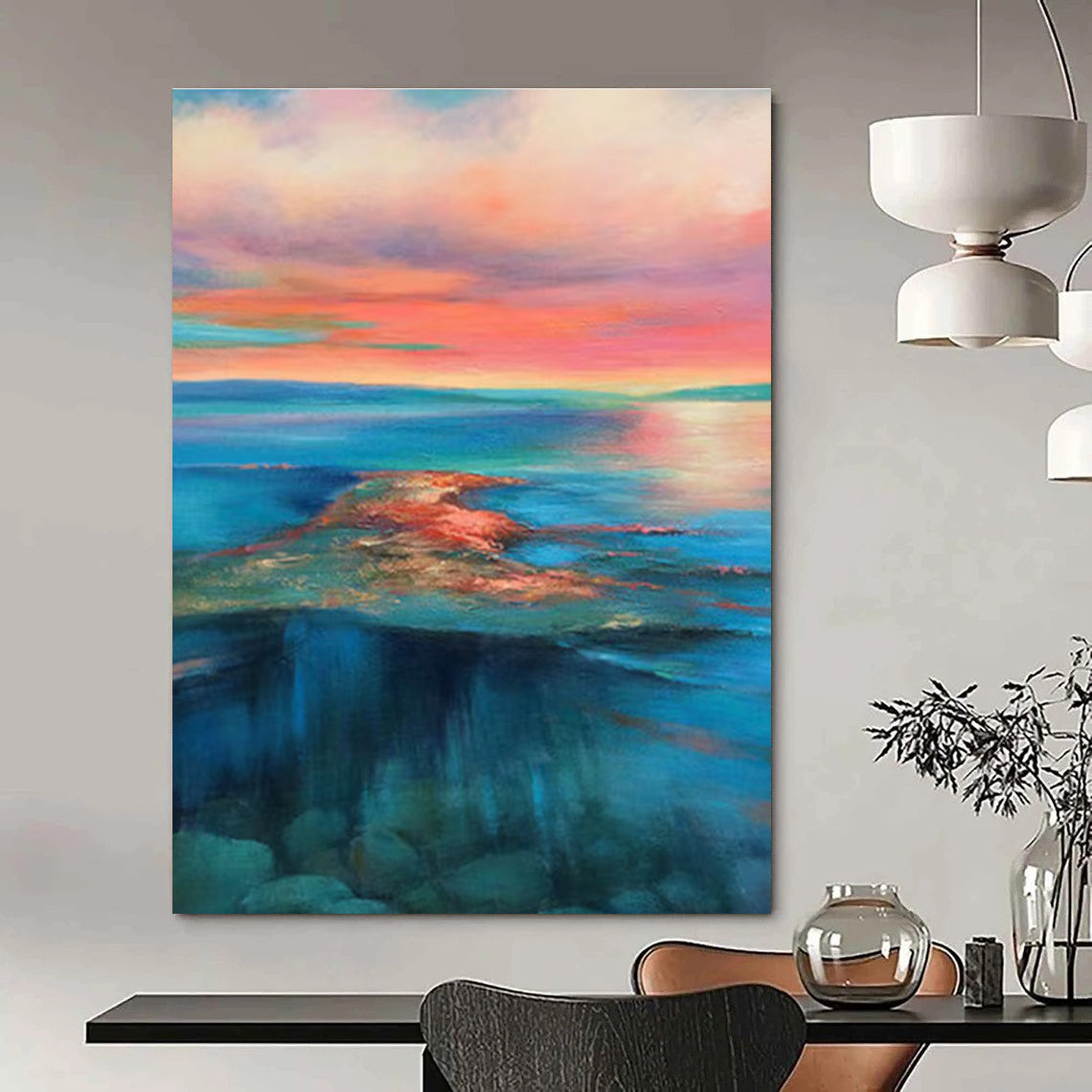 Pink and Blue Sunset Sea Abstract Painting for Relaxing Corners ADGE051