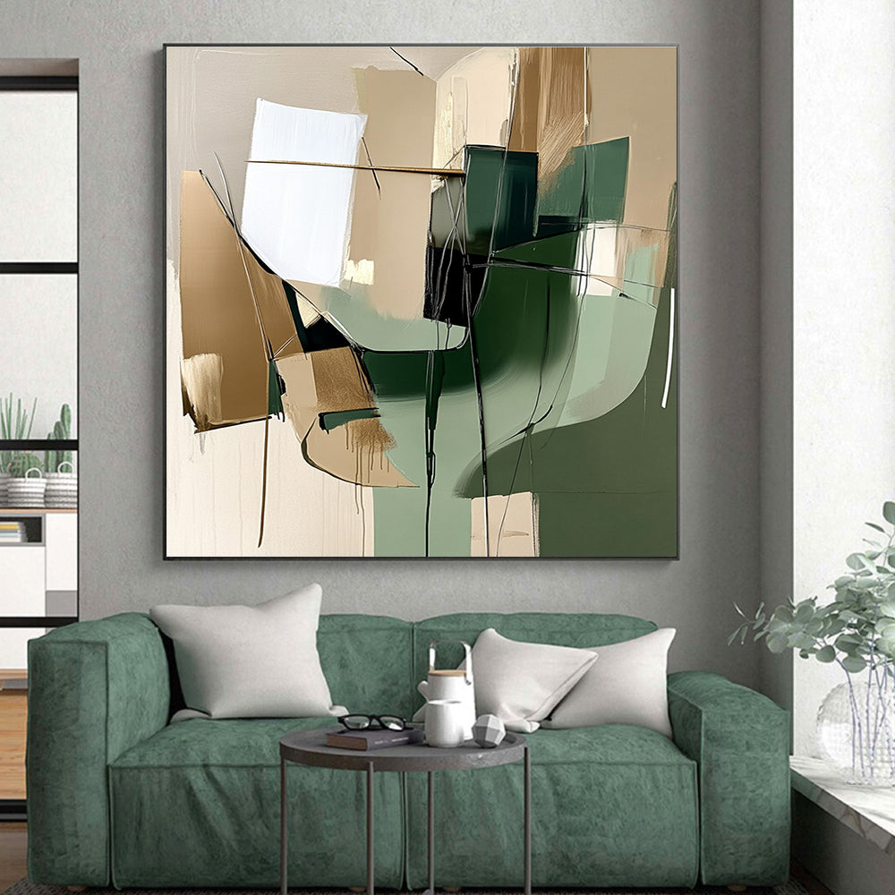 Green and Beige Abstract Painting with Dynamic Lines GER442