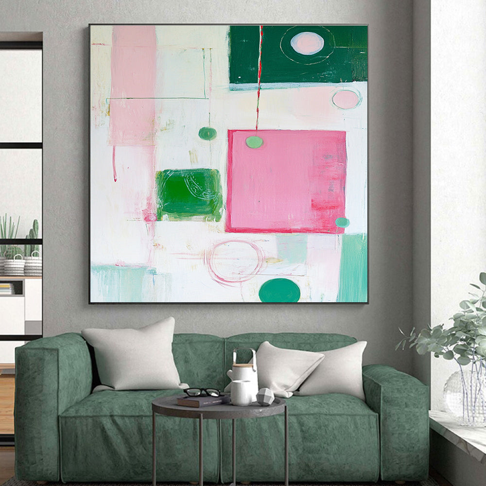 Pink Green Abstract Painting with Playful Forms GER518