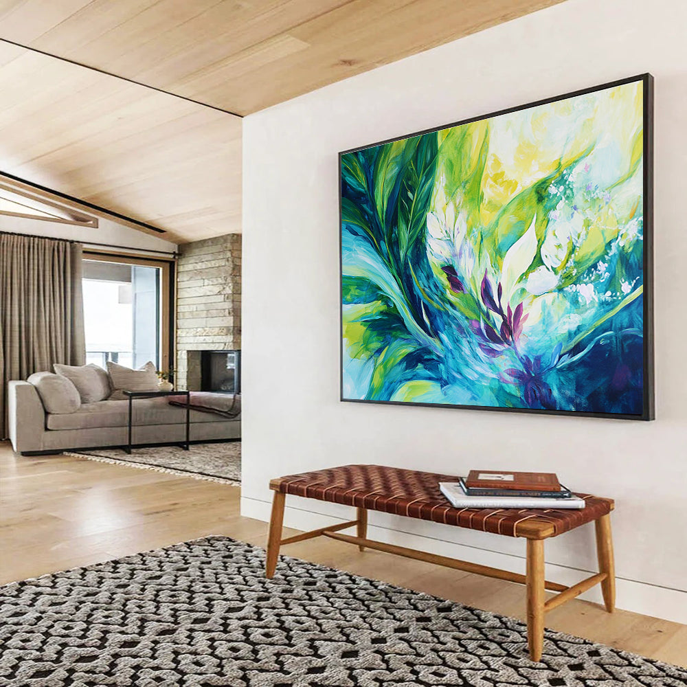 A large abstract painting featuring vibrant tropical plants in green and teal with purple accents and white flowers, showcasing dynamic energy and harmonious beauty.SC431