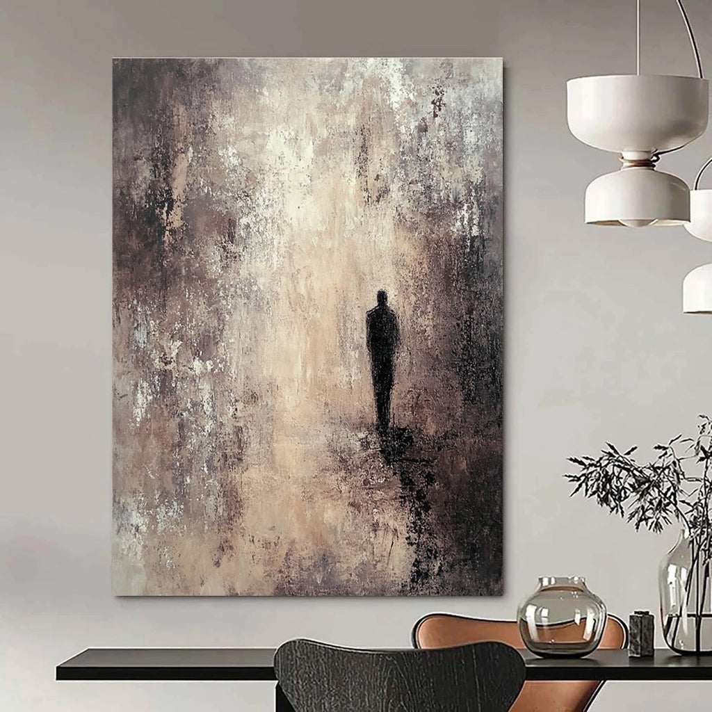 Large abstract painting featuring deep layers textured in brown and gray tones with a mysterious dark figure amidst an exquisite atmospheric backdrop.STSC206