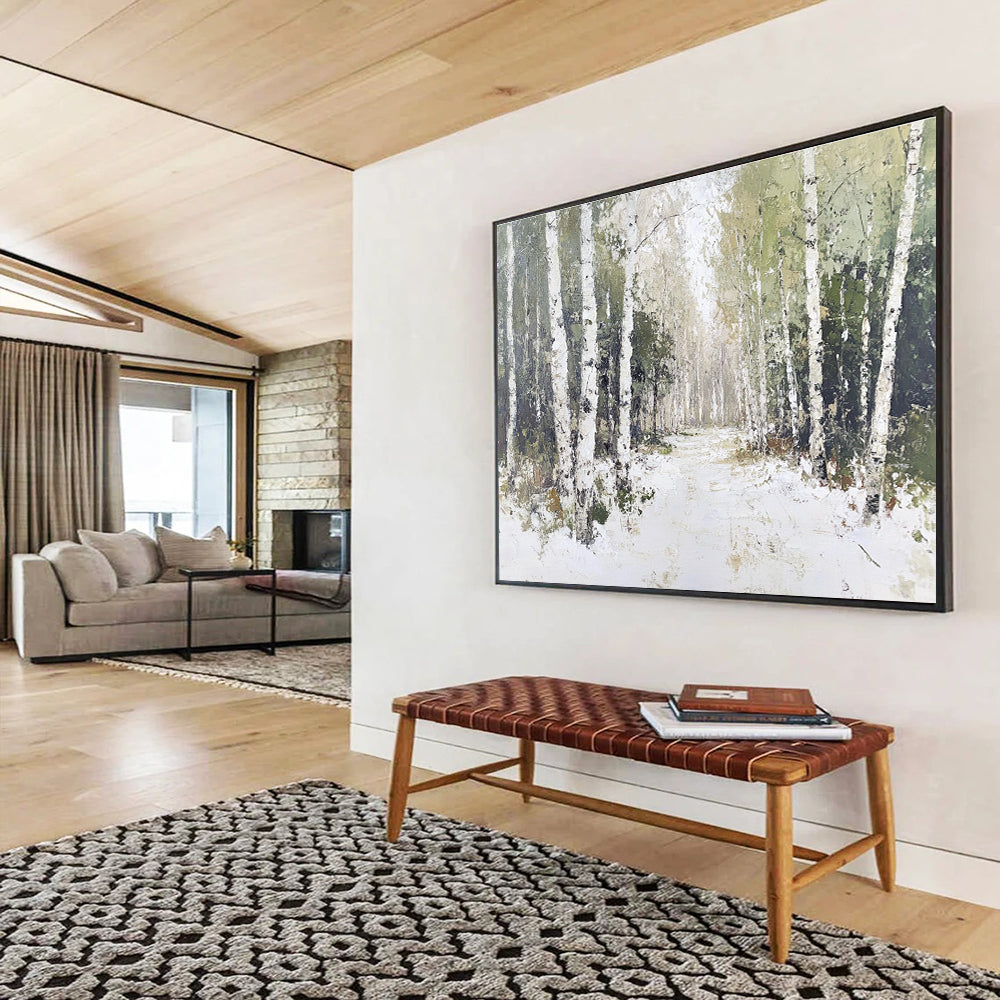 A large abstract painting of birch trees with white bark and green leaves, featuring soft lighting and textured tree trunks against a snowy ground.SC466