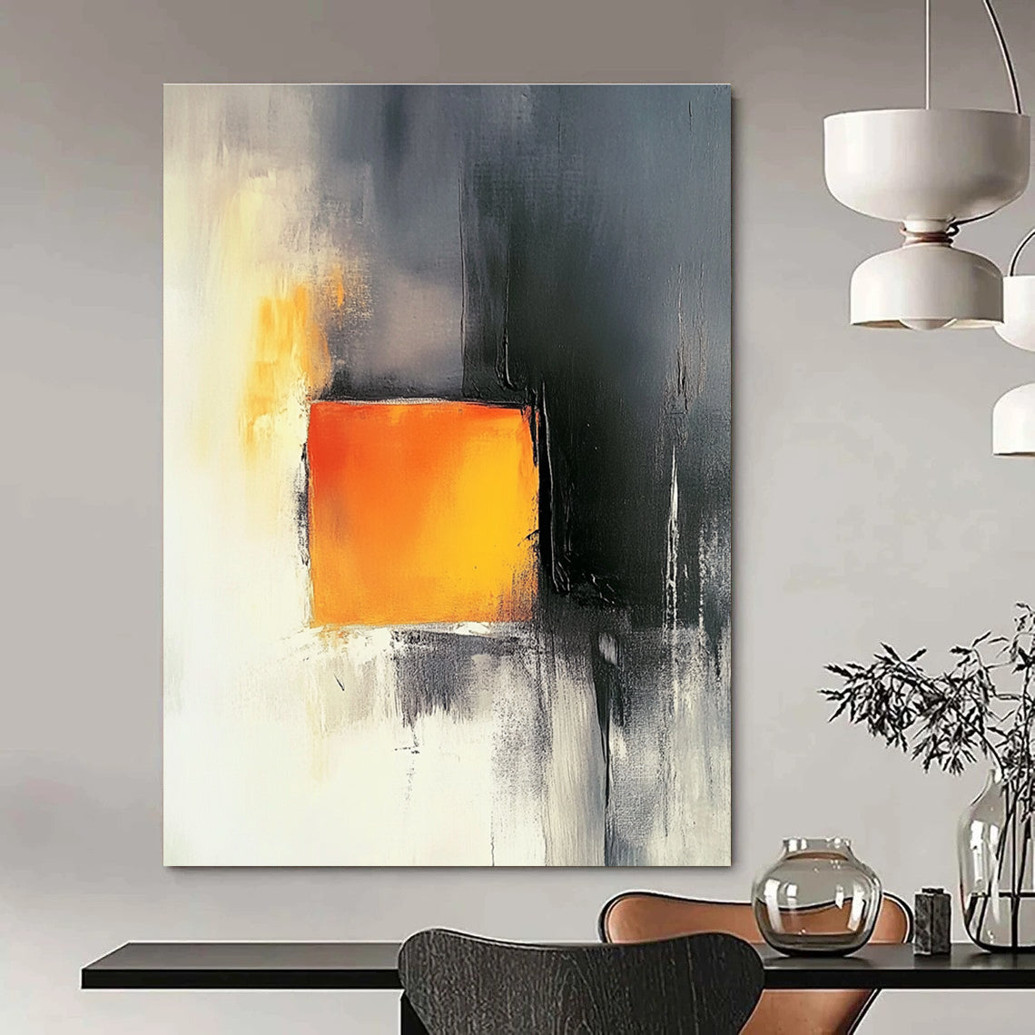 Abstract painting featuring a light orange square amid dark gray and white backgrounds with elegant yellow tones and strong black and red contrasts.STSC1208