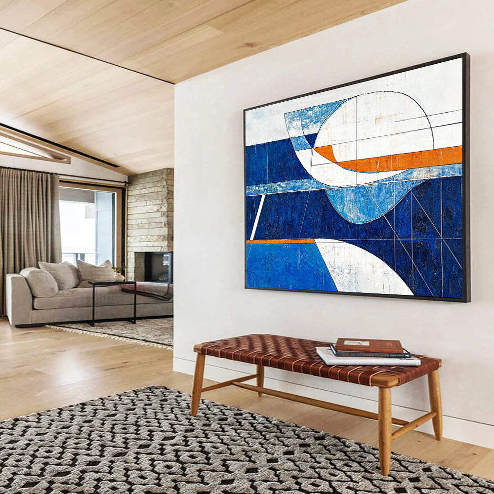 Geometric Blue Orange and White Abstract Painting with Clean Lines DYP190
