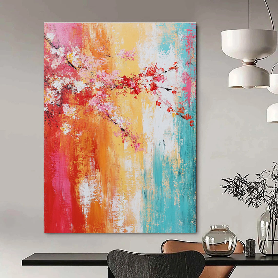 Large abstract painting on textured canvas showcasing vibrant warm colors and soft brush strokes for emotional expressionism.STSC373