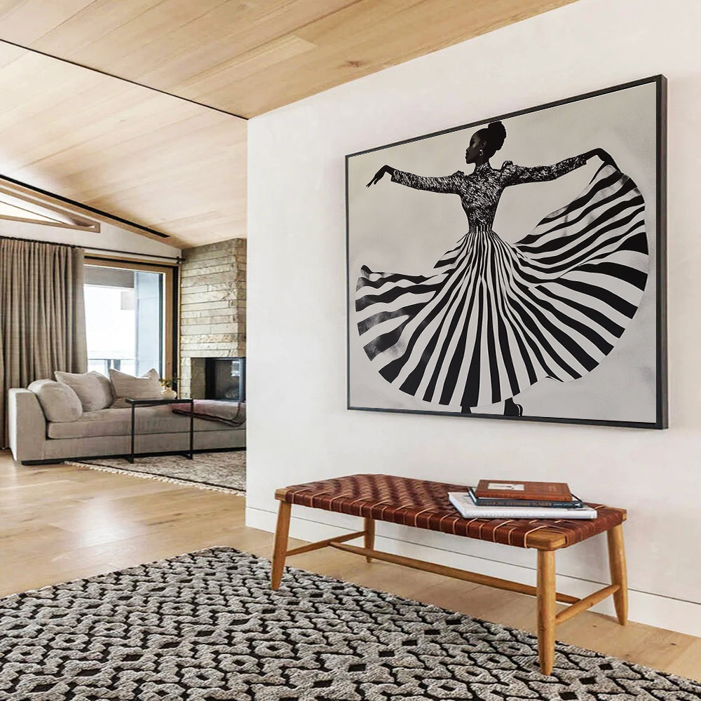 An abstract painting featuring a woman in a striped dress twirling, capturing movement and texture against a light gray background.SC426