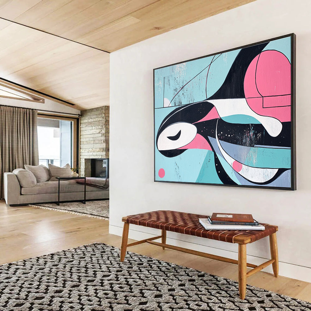 Large abstract painting of an orca featuring lines and shapes inspired by Kandinsky in a pink blue and grey color paletteSC167