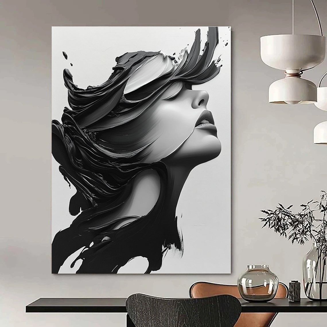 Large abstract painting featuring a close-up portrait of a beautiful woman with long hair blowing, in monochrome colors and dramatic contrast.STSC1469
