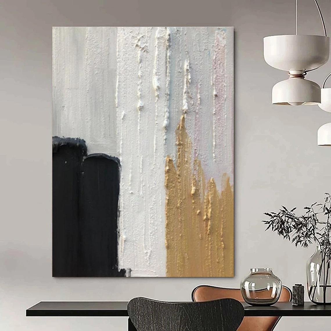 Black, White, and Gold Textured Abstract Painting with Elegant Accents ADGE397