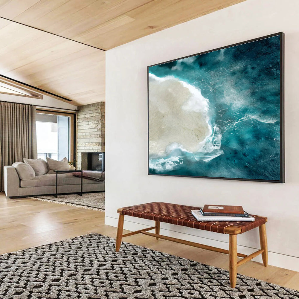 Aerial Sea - view Abstract Painting with Turquoise and Beige THY125