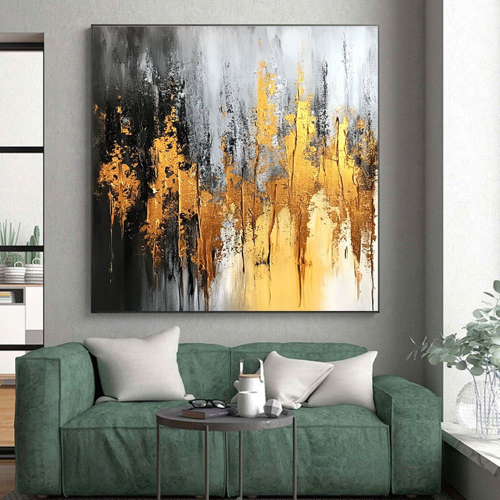 Gold Gray and Black Abstract Painting with Dripping Effects GER696