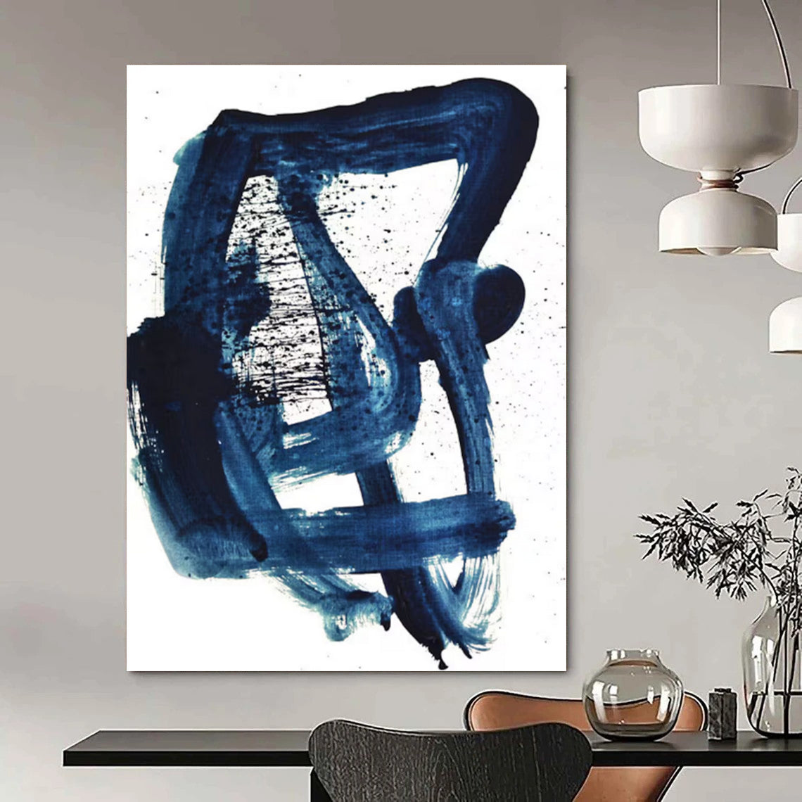 Dark Blue Dynamic Brushstrokes Abstract Painting ADGE161