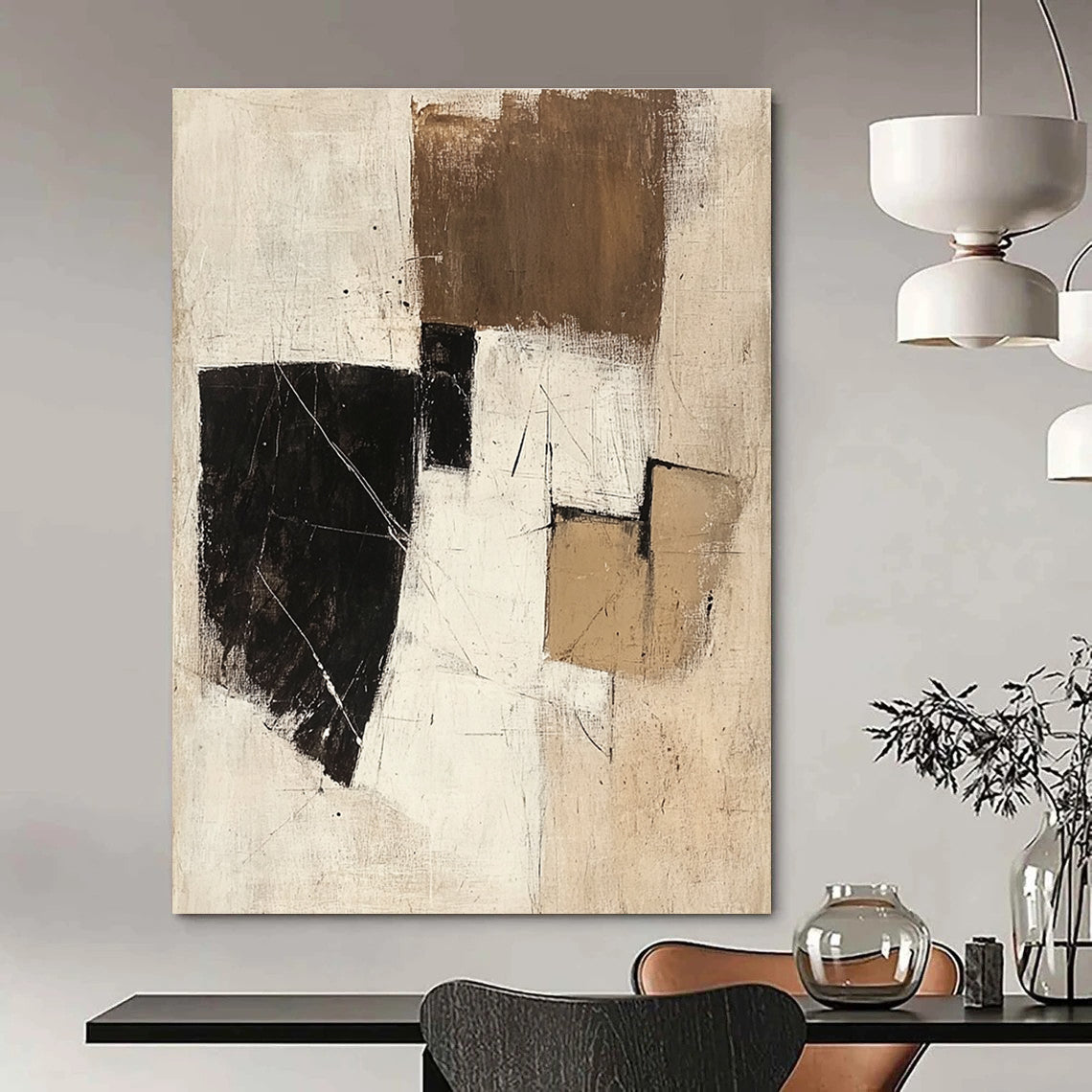 Large abstract painting in beige white and black featuring small brown squares and textured brush strokes evokes calmness and a mysterious spacecraft atmosphere.STSC738