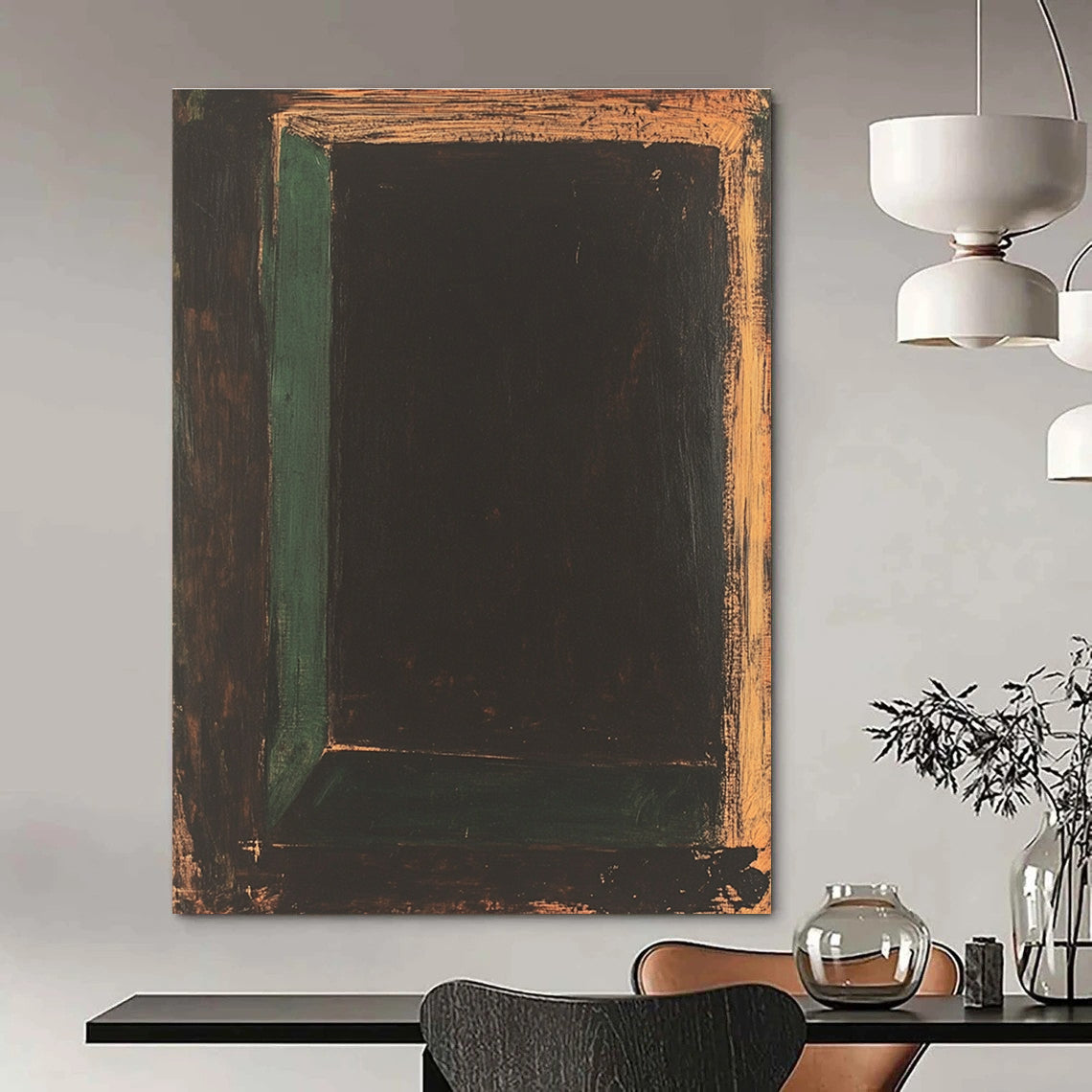 Large abstract painting of an empty black rectangle in expressionist style, featuring thick brush strokes with dark green and brown tones.STSC864
