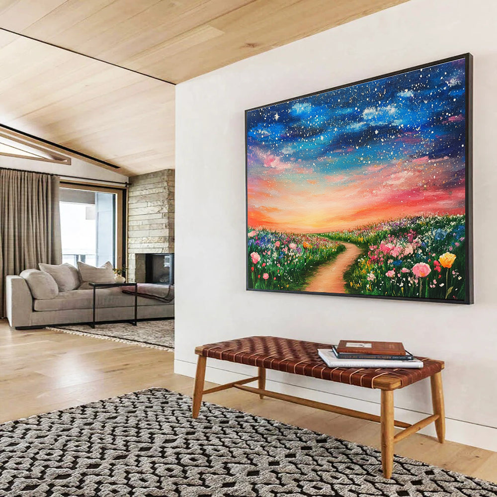 A large abstract painting of a dreamy field adorned with colorful flowers under a starry sky and a pink sunset, evoking a magical atmosphere.SC397