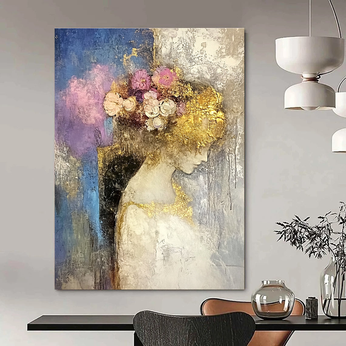 Large abstract oil painting featuring a moon with a golden circle in beige and gold tones with dripping gold leaf on a white background.STSC173