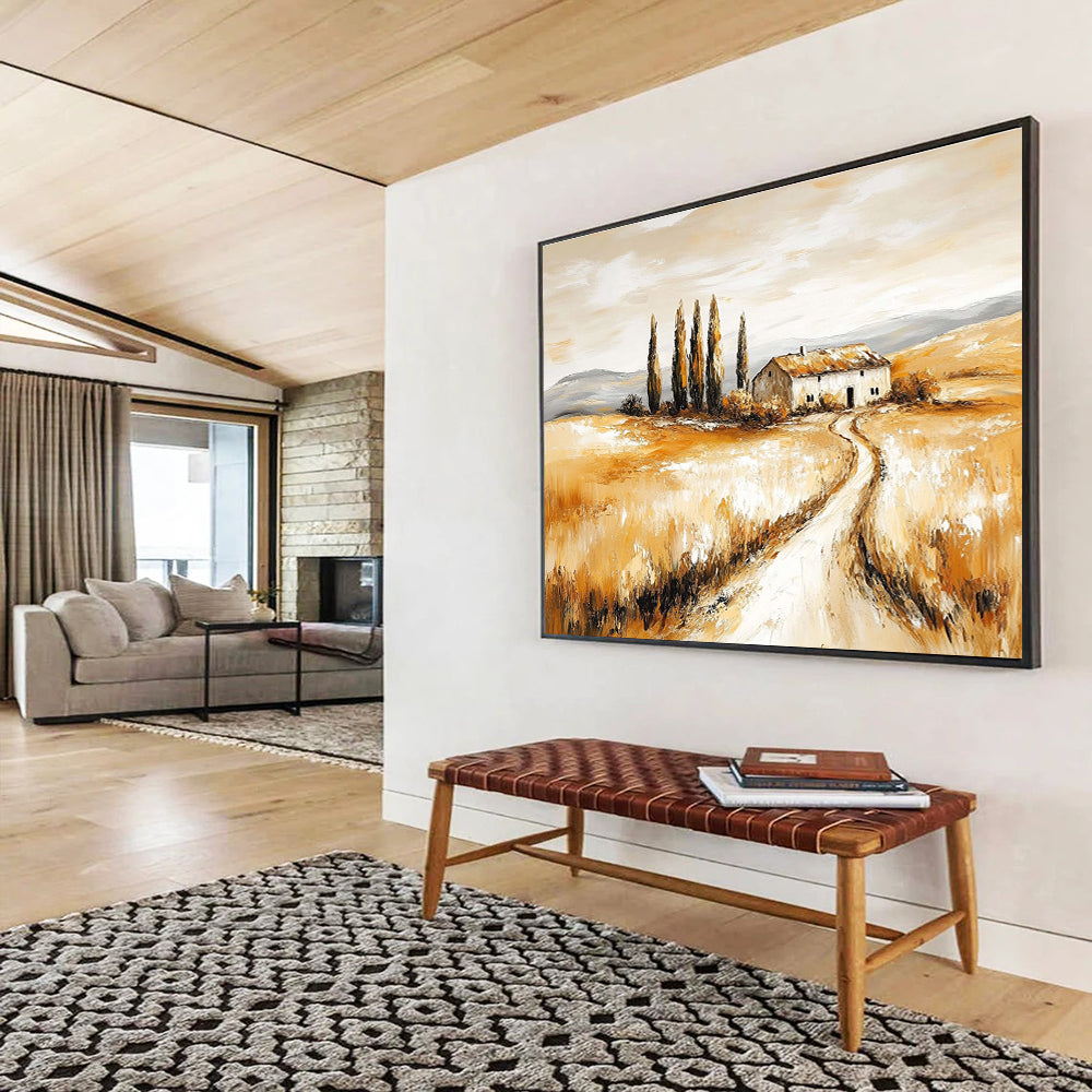 Hand-painted abstract artwork of a rustic farmhouse amidst golden fields and cypress trees evoking nostalgia and tranquility in nature's beauty.SC543