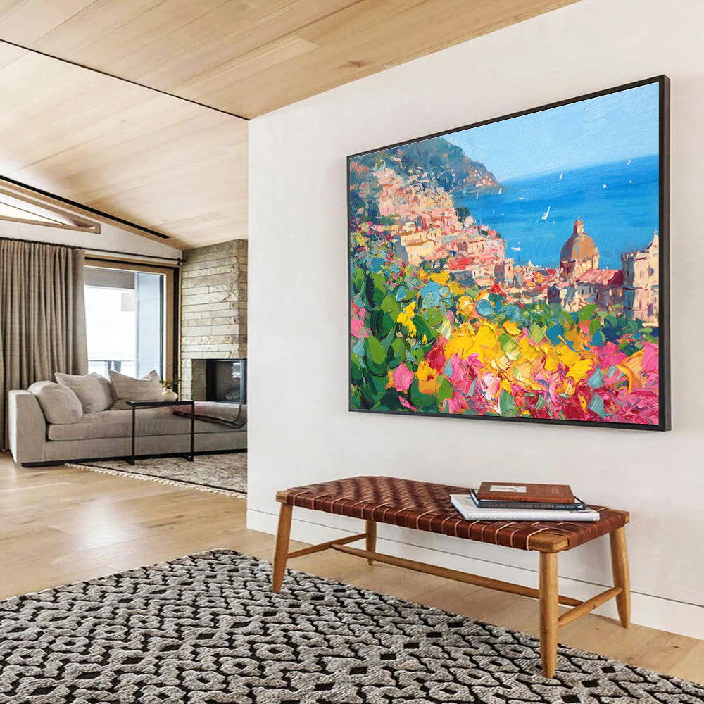 Pink Yellow Blue Hillside Coastal Town Painting THY488