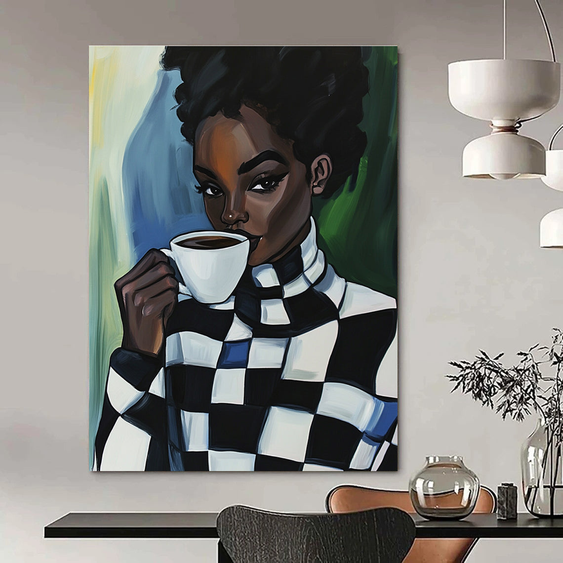 An abstract oil painting featuring a Black woman in a checkered turtleneck enjoying coffee, radiating warmth and style.STSC919