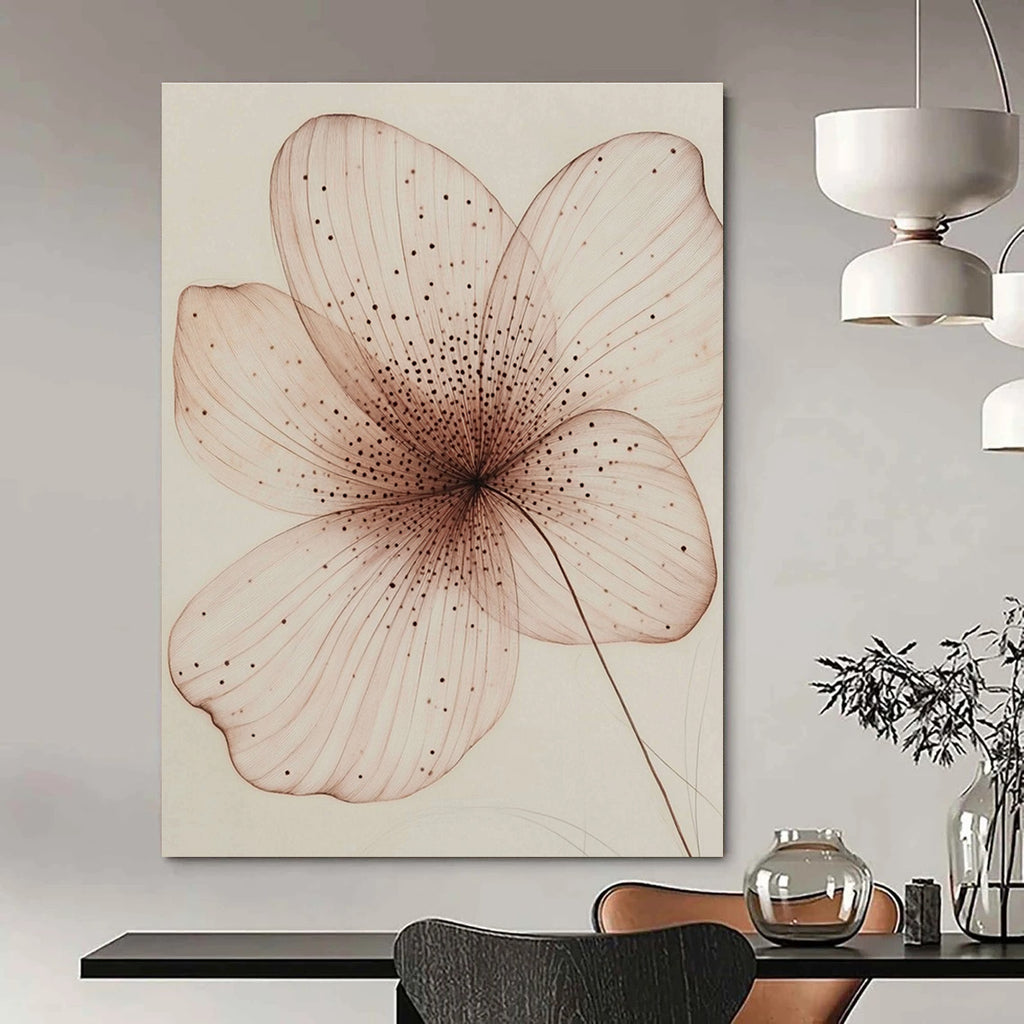 A large abstract painting featuring a single delicate petal in pink and brown with intricate internal structures and a hand-drawn sketch effect.STSC1197
