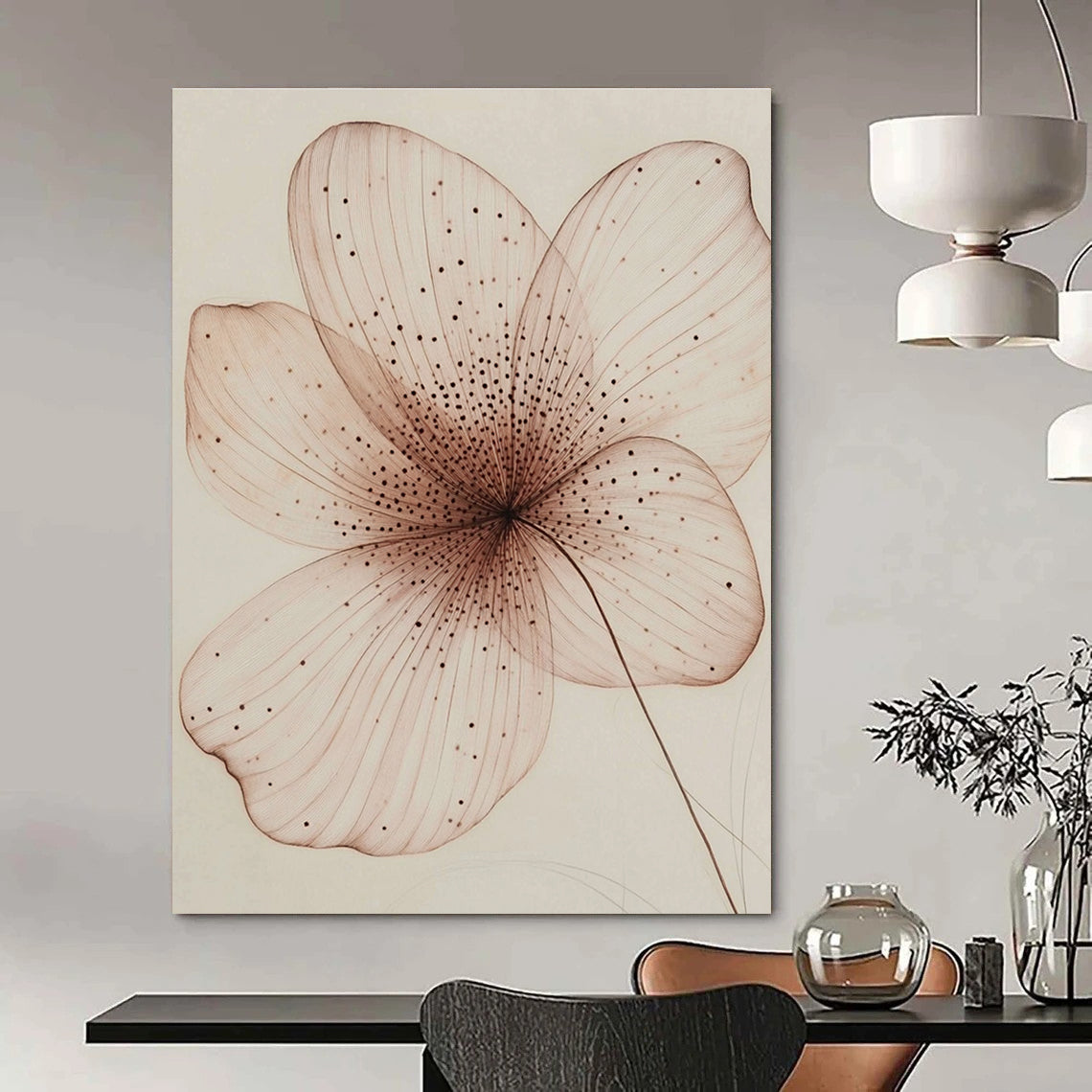 A large abstract painting featuring a single delicate petal in pink and brown with intricate internal structures and a hand-drawn sketch effect.STSC1197