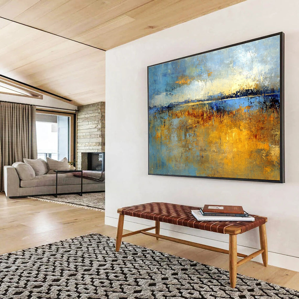 Large abstract painting of marshlands in soft earth tones and blues with gold hints, evoking nostalgia for early mornings in Richard Schmid's style.SC361