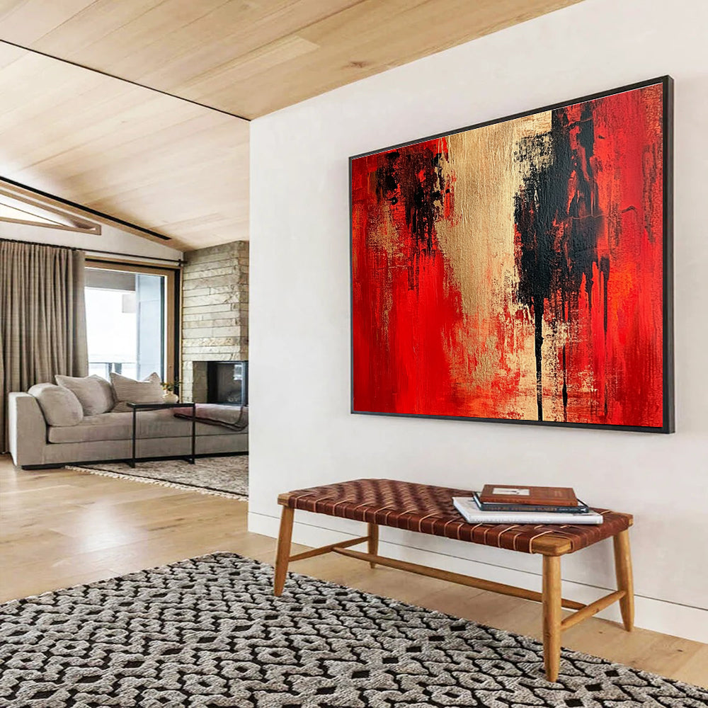 Large abstract painting featuring textured red and beige, vintage oil color palette, high resolution, detailed, and high contrast art inspired by Carolee Schneemann.SC272