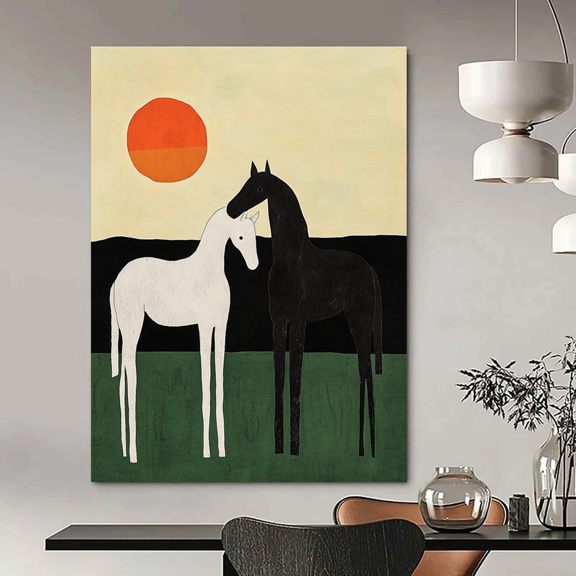 An abstract painting featuring two minimalist horses in black and white against a green field and colorful sky with an orange sun.STSC1329