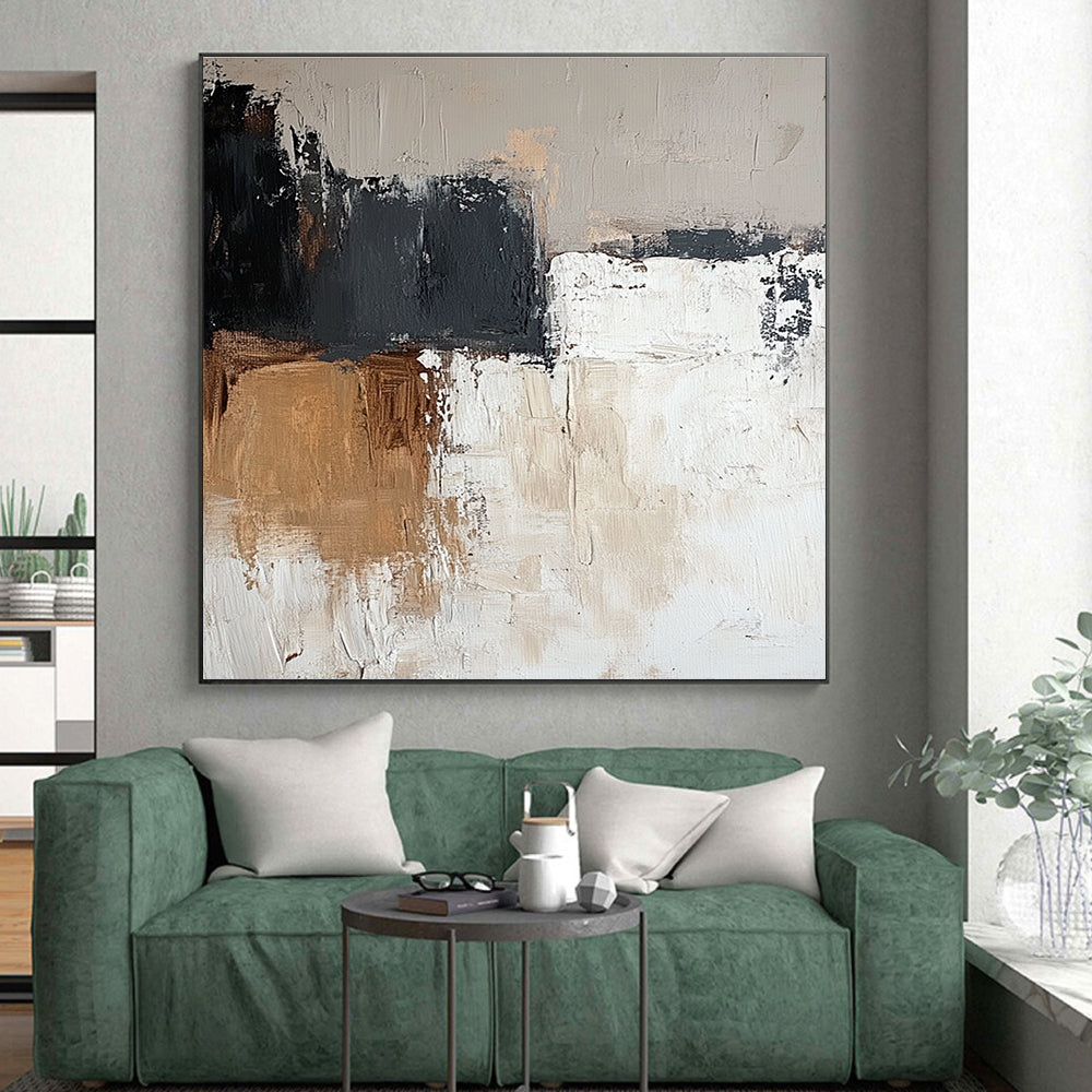 Brown Gray and White Abstract Painting with Textured Patches GER473