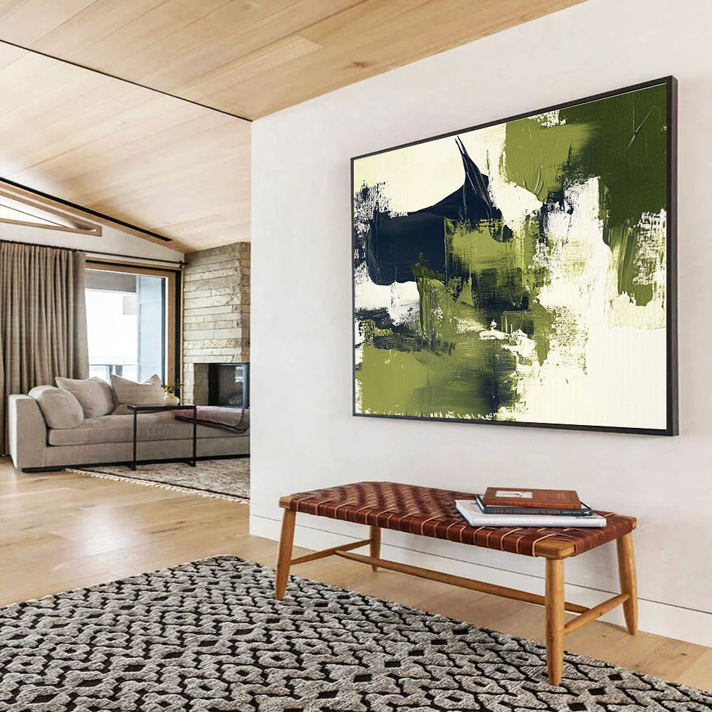 Green Black and White Abstract Painting with Textured Layers DYP407