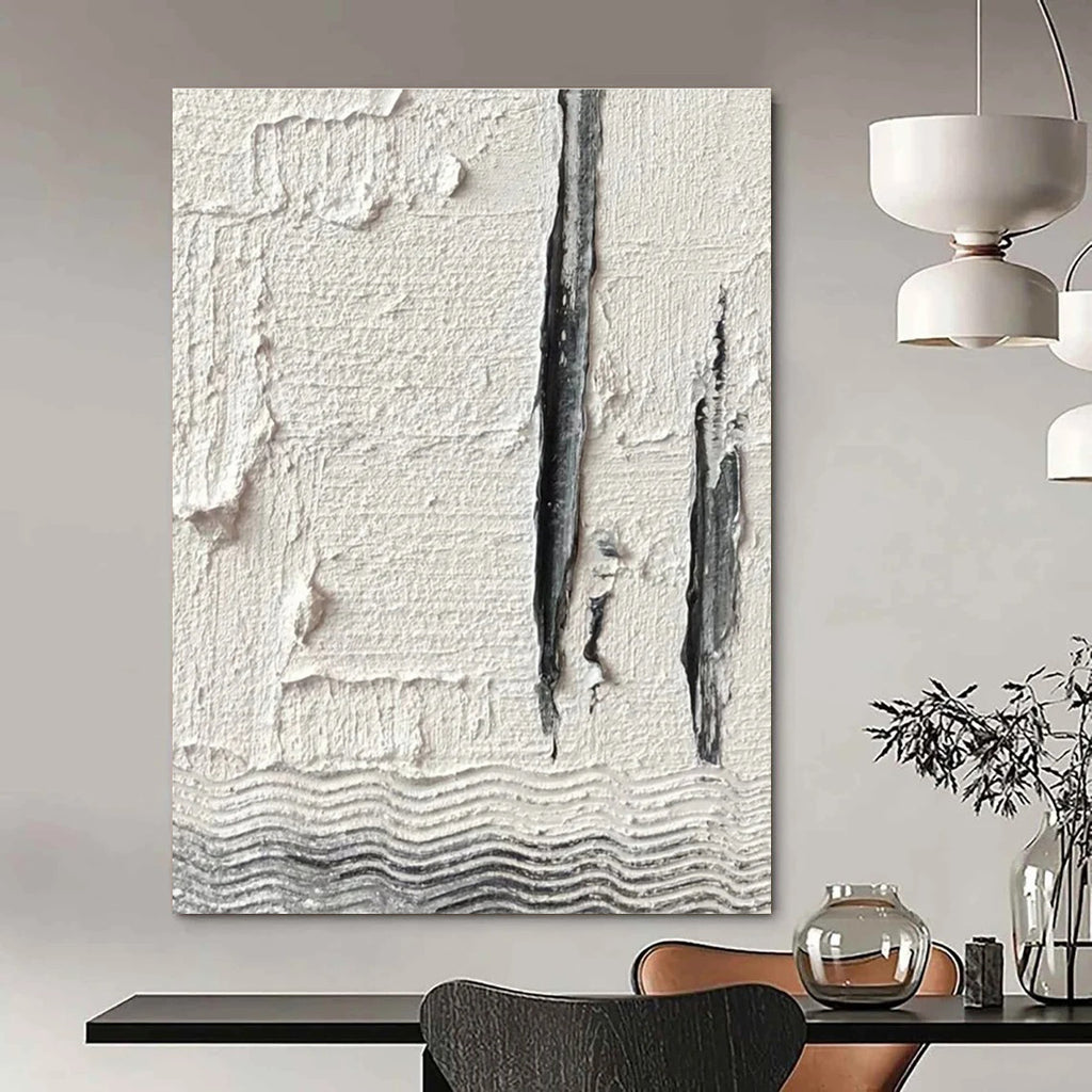 Textured White and Gray Abstract Painting with Vertical Elements ADGE371