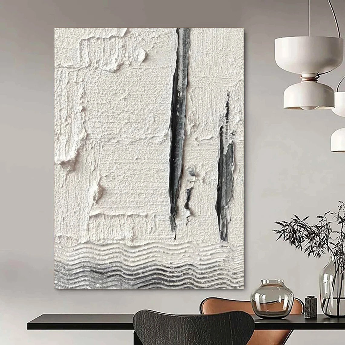 Textured White and Gray Abstract Painting with Vertical Elements ADGE371