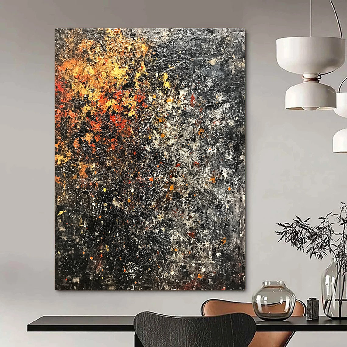 Abstract painting with dark colors and rusted metal featuring flowers and foliage on a textured background in vintage oil on canvas.STSC625