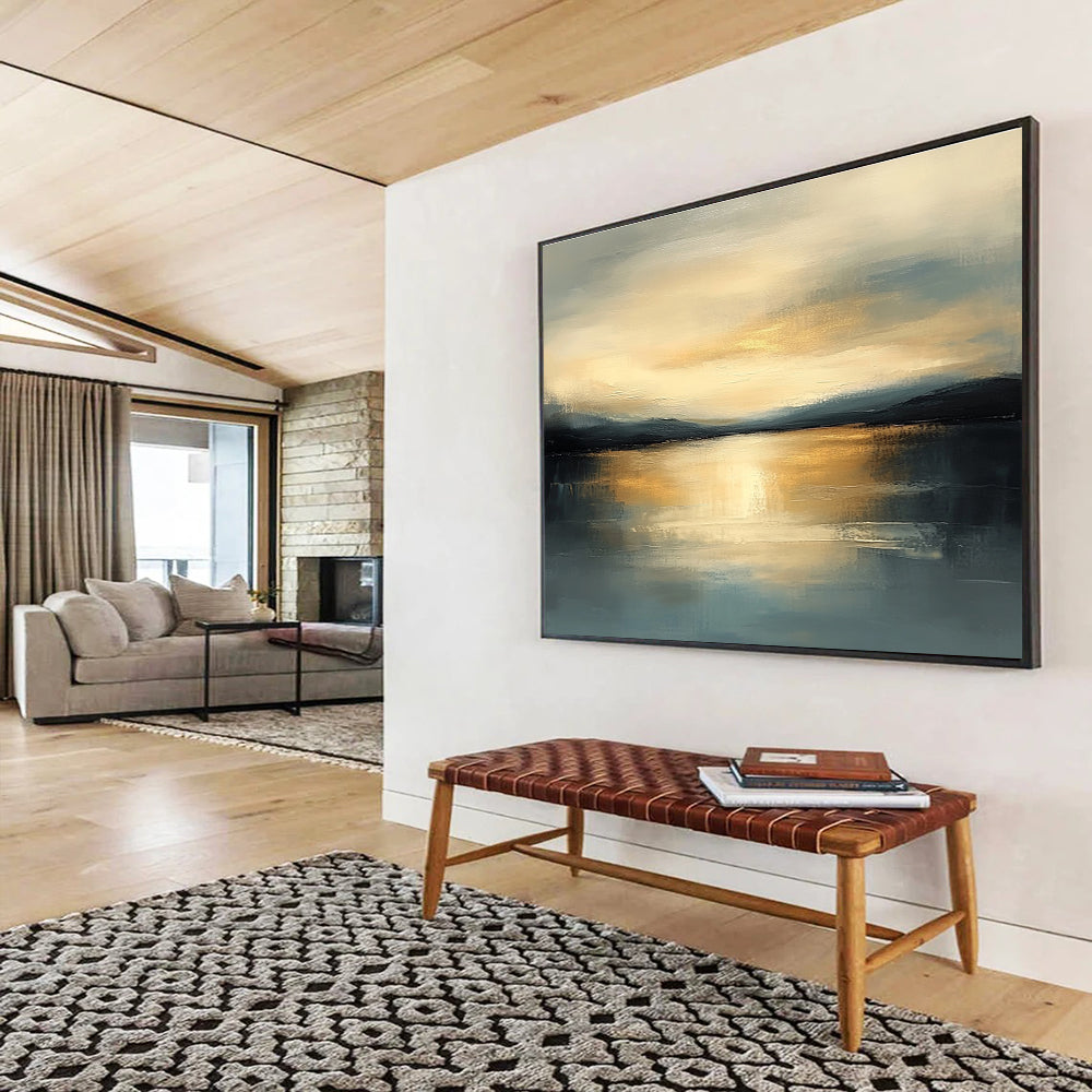 Serene Sunset Landscape Abstract Painting with Golden and Blue Hues DYP224