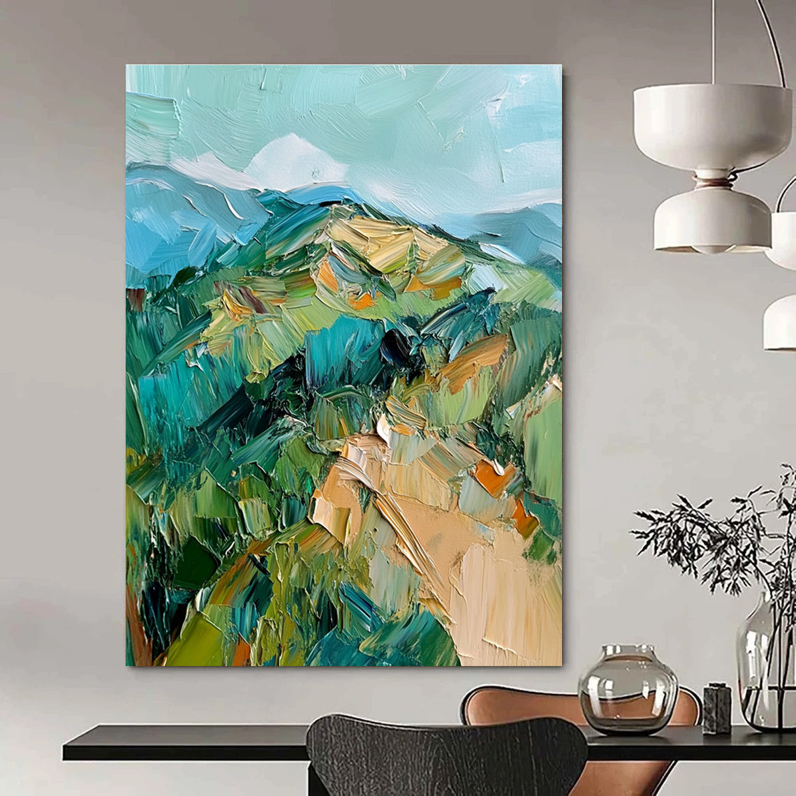 Large abstract oil painting featuring green and blue hills with thick impasto brush strokes for a vibrant artistic statement.STSC187