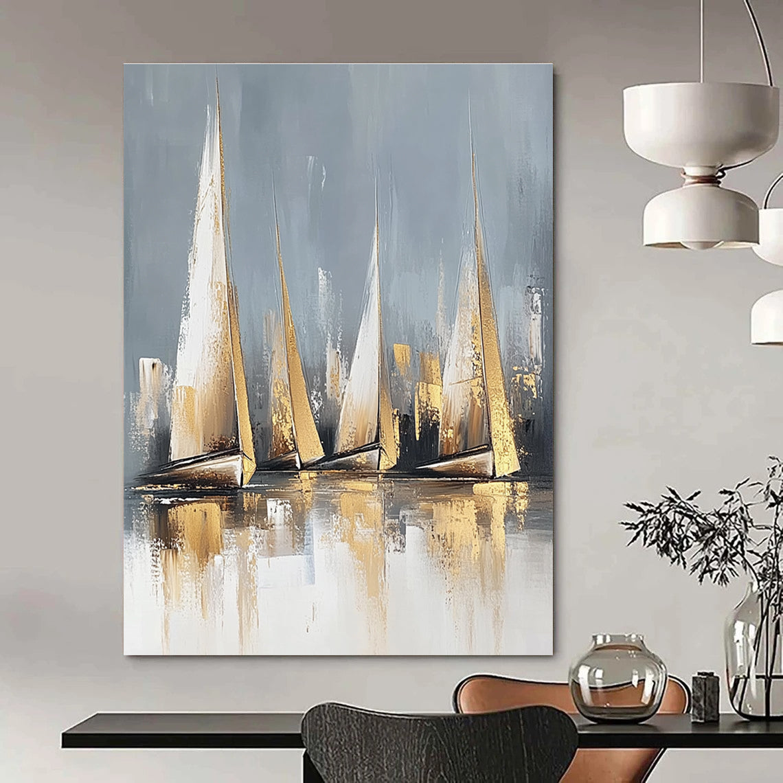 Large abstract painting featuring sailboats in neutral colors with gold accents and a serene water reflection on a white background.STSC460