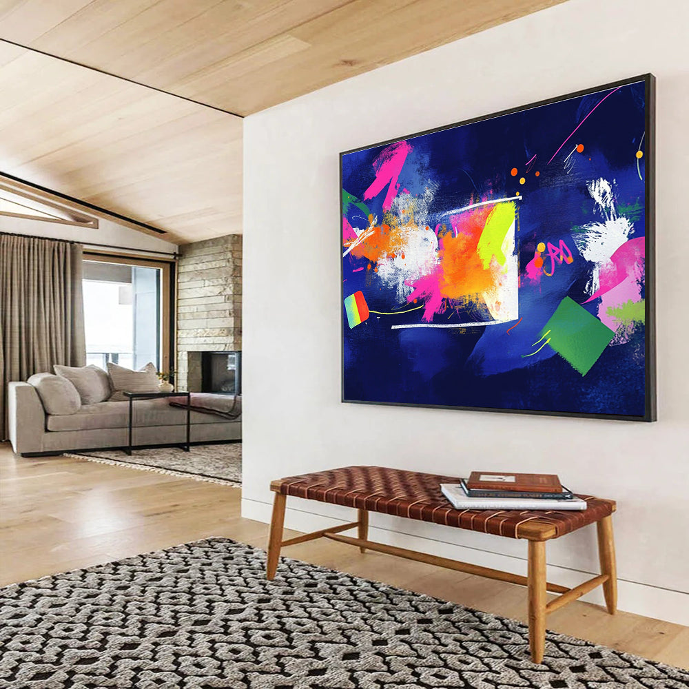 A large abstract art piece featuring bold colors and geometric shapes, creating an energetic atmosphere that inspires knowledge and creativity.SC460